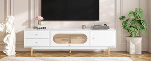 English Elm 70 Modern TV Stand for TVs up to 80" with Rattan Accents, Smooth Drawers, Flip-Up Storage, Durable Design White N710P339470W