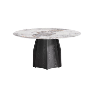 English Elm 59.05" Round Marble Dining Table For 6-8 People - Modern Artificial Stone With Black Oak Base W1535S00459