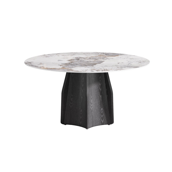 English Elm 59.05" Round Marble Dining Table For 6-8 People - Modern Artificial Stone With Black Oak Base W1535S00459