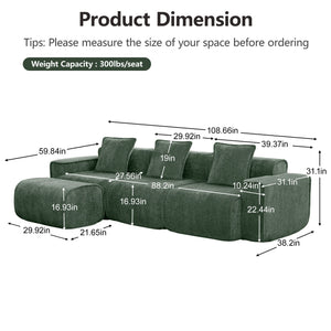 English Elm Streamlined Velvet L-shaped Sectional Sofa with Ottoman and Cloud Cushion Living Room Green W3041S00366