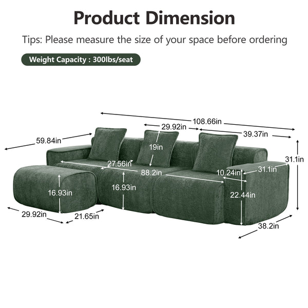 English Elm Streamlined Velvet L-shaped Sectional Sofa with Ottoman and Cloud Cushion Living Room Green W3041S00366