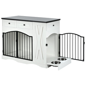 English Elm Go Farmhouse White Wood Dog Crate End Table with Three Drawers and Iron Door Panels N704P338959K