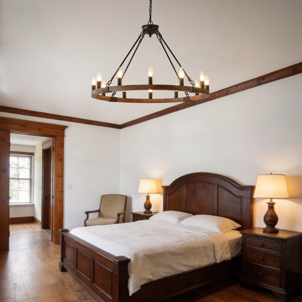 English Elm 31.5 Inch Wagon Wheel Chandelier Wood Matte Black 12-light Farmhouse Pendant Fixture W5008P464752