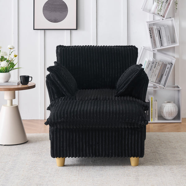English Elm This single-seat corduroy sofa with ottoman and pillows — compact lounge chair for cozy reading nooks and naps Black W1658S00111