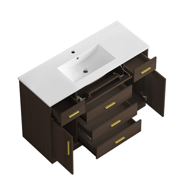 English Elm 48"dark Brown Vanity with 6 Drawers and Soft Close Doors for a Spa Bathroom Dark Brown W3133S00025
