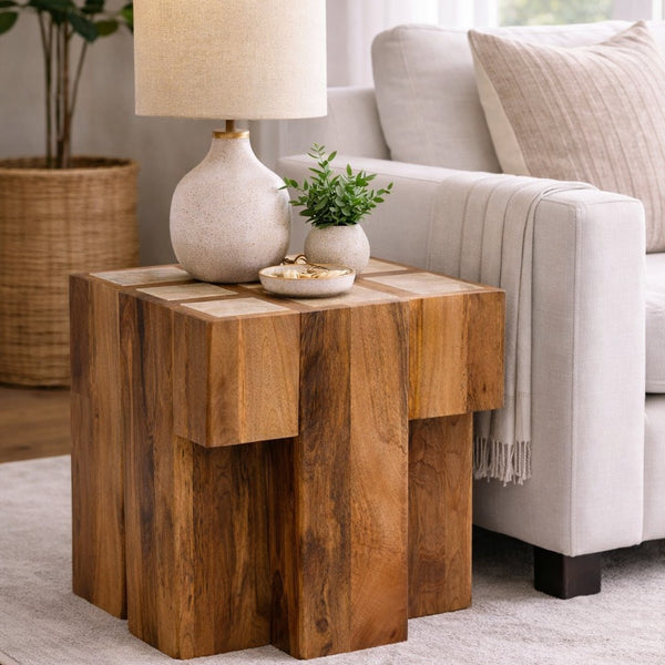 English Elm Solid Wood Base Travertine Stone Top Side Table Handmade for Modern Living Spaces B182P490939