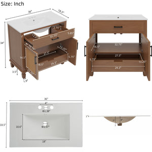 English Elm Christopher Knight Home® - 36" Rattan Bathroom Vanity with Ceramic Sink and Soft-Close Drawers, Handwoven Door Texture, Solid Wood Legs, Spacious Storage Elegance Brown N817P271077B