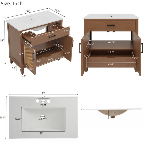 English Elm Christopher Knight Home® - 36" Rattan Bathroom Vanity with Ceramic Sink and Soft-Close Drawers, Handwoven Door Texture, Solid Wood Legs, Spacious Storage Elegance Brown N817P271077B