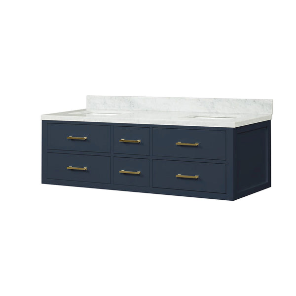 English Elm Blue Double Bath Vanity 60 in W x 22 in D with Carrara Marble Top, Solid Wood Frame, Soft-Close Drawers B2731P258042