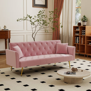 English Elm Modern Tufted Velvet Sleeper Sofa Retro Style Convertible Fold Flat for Compact Spaces Pink W2353P399455