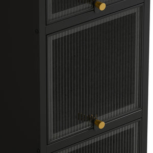 English Elm Modern Four-tier Glass Door Cabinet with Slim Iron Frame, Five Shelves, Heavy-Duty 33lb Capacity Black W757P241562
