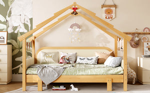 English Elm Twin Pine Treehouse Floor Bed with Padded Rails and Cabin Roofline for Kids White W1580S00383