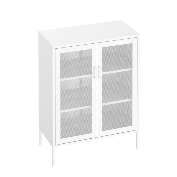 English Elm Amelia Metal Accent Cabinet 32" — Steel Mesh Doors, Adjustable Shelves, Minimalist Legs for Modern Storage Solutions White B365P397882