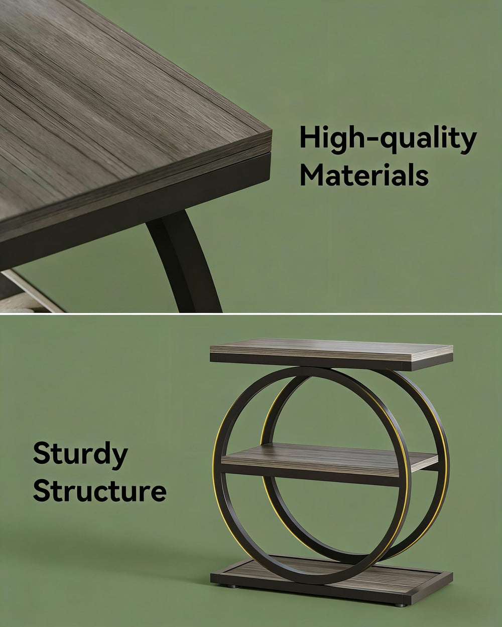 English Elm Modern Two Tier End Table Black Metal Frame Wood Grain Surface for Living Room T3971P453262