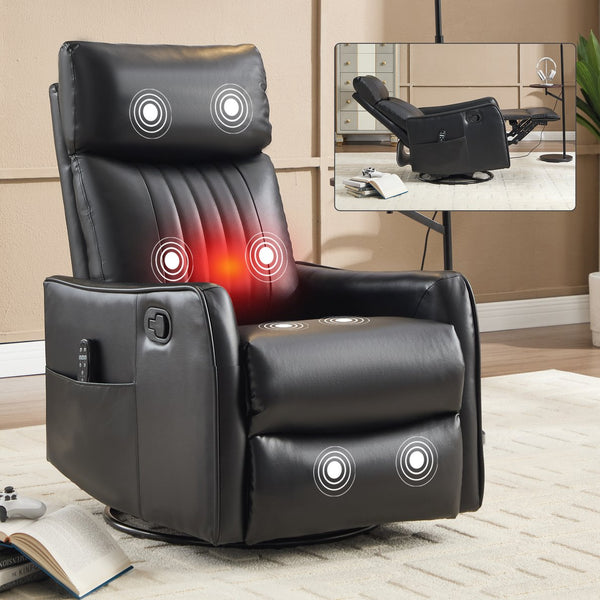 English Elm Blue Fabric Swivel Rocker Recliner with Massage Heat Nodes for Living Room Comfort Black Pu W1803P321812