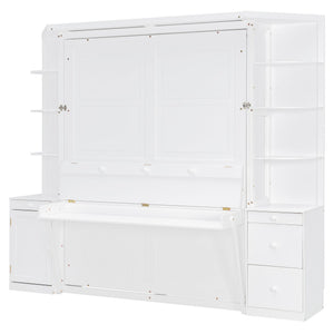 English Elm Queen Murphy Bed with Integrated Desk Cabinet Storage Wall Unit for Home Office White LP000739AAK