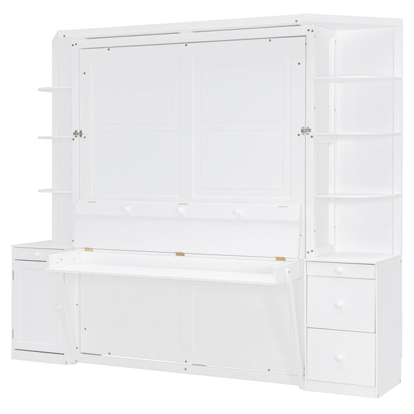 English Elm Queen Murphy Bed with Integrated Desk Cabinet Storage Wall Unit for Home Office White LP000739AAK