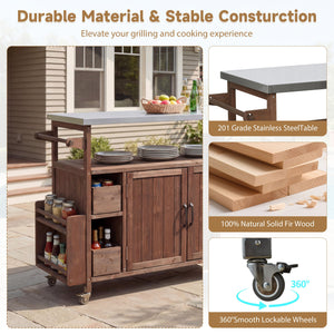 English Elm 54.33" Farmhouse Outdoor Kitchen Cart Solid Fir Frame Steel Top Storage Bbq Prep Brown N767P379702D
