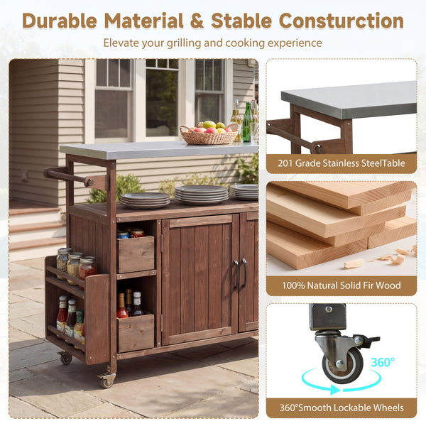 English Elm 54.33" Farmhouse Outdoor Kitchen Cart Solid Fir Frame Steel Top Storage Bbq Prep Brown N767P379702D