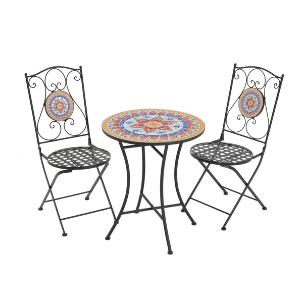English Elm Christopher Knight Home® - Lambert Outdoor Chat Set Black & Red - Ornate Water-Shedding Ceramic Tile Seats, Iron Frame Patio Elegance N775P215527B