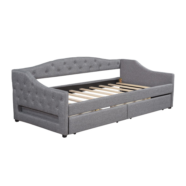 English Elm Upholstered Twin XL Daybed with LED Belt and Two Underbed Drawers, Linen Backrest, Modern Storage Elegance Gray DL002060AAE