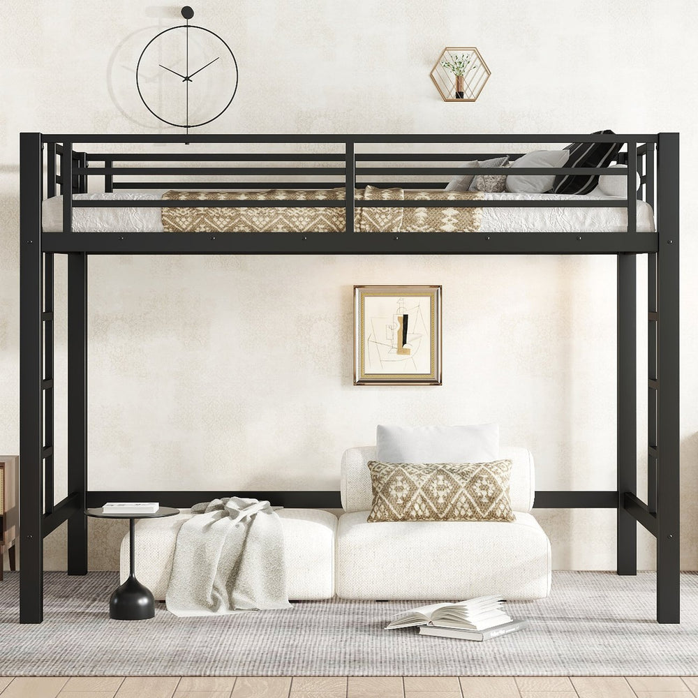 English Elm Twin Metal Loft Bed Twin XL Black - Sturdy Minimalist Bunk with Ladder, Guardrails & Underbed Storage Space W1580P370677