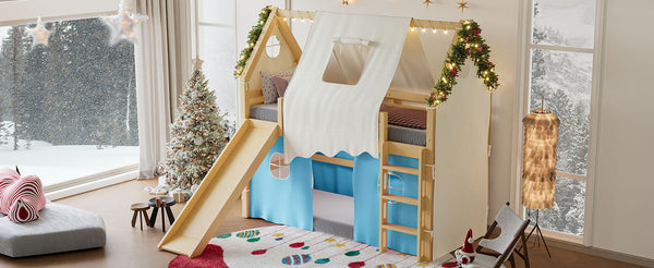 English Elm Twin Pine Loft Bed with House Frame Tent Led Lights Slide and Floor Space Below W1580S00290