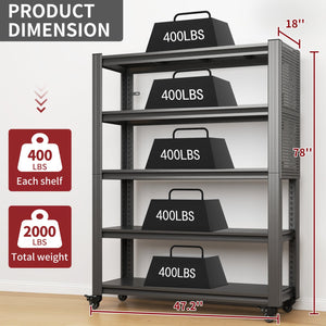 English Elm 78"H Heavy Duty 5-Tier Metal Shelving 400lb/shelf, Pegboard Panels & Locking Wheels, Adjustable Storage Organizer for Garage Warehouse Pantry Workshop (47.2"W) T2398P313255