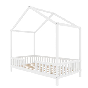 English Elm Montessori House Bed Frame Twin with Canopy & Full Guardrails, Cozy Kids Platform Bed for Toddlers White 81.5 L x 16 W x 6.6 H N733P356043K
