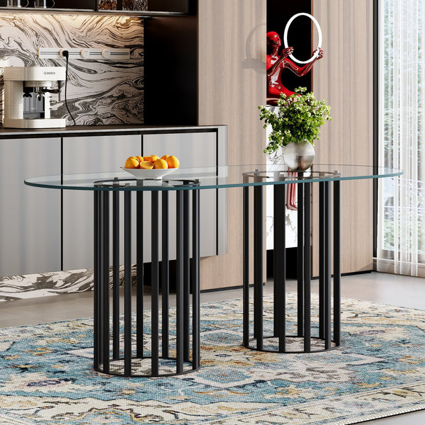 English Elm 71 Inch Oval Tempered Glass Dining Table Black Metal Base Seats Eight Modern W1151P416029