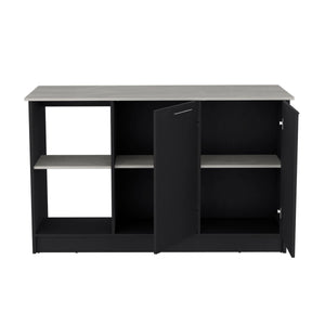 English Elm Kitchen Island With Spacious Countertop, Open Shelves & Double Door Storage - Modern Black/Onyx Design B097S00184