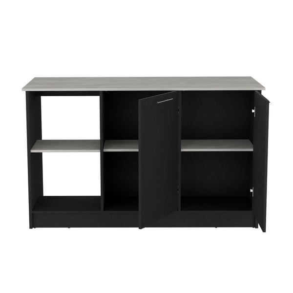 English Elm Kitchen Island With Spacious Countertop, Open Shelves & Double Door Storage - Modern Black/Onyx Design B097S00184