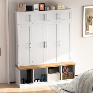 English Elm Wood Entryway Hall Tree with Bench Seating Coat Hooks Shoe Cubbies Cabinet White W5271S00004