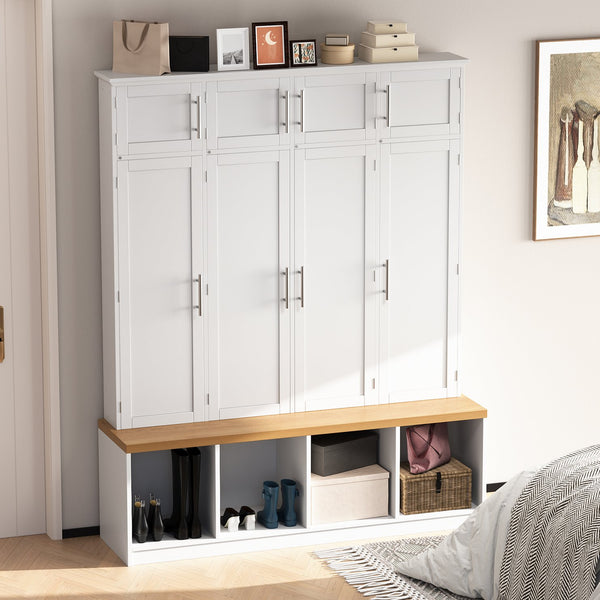 English Elm Wood Entryway Hall Tree with Bench Seating Coat Hooks Shoe Cubbies Cabinet White W5271S00004