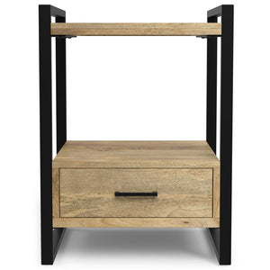 English Elm Riverside Handcrafted Mango Wood Bedside Table with Black Metal Frame, Drawer & Open Storage — Natural Finish B136P203433