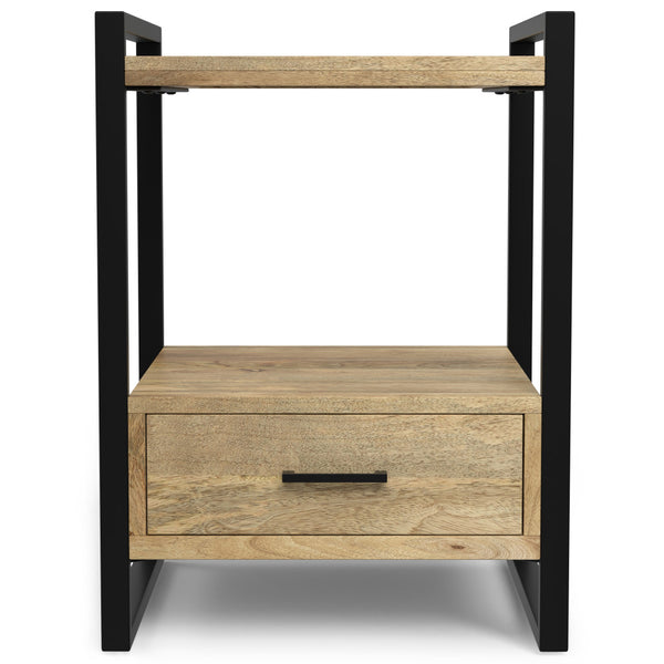 English Elm Riverside Handcrafted Mango Wood Bedside Table with Black Metal Frame, Drawer & Open Storage — Natural Finish B136P203433