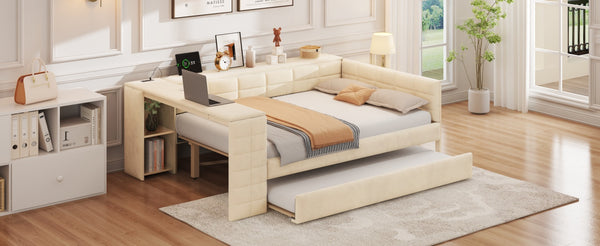 English Elm Full Size Upholstered Platform Bed With Desk, Usb Charging, Trundle & Storage Shelves In Beige Velvet N7090000604A