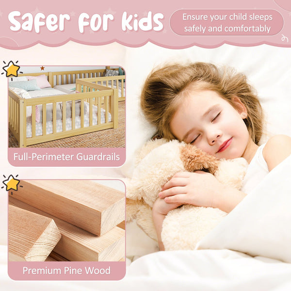 English Elm Twin House Floor Bed with Door & Full-Length Guardrails, Solid Wood Twin Loft Alternative for Kids Natural W1580P327129