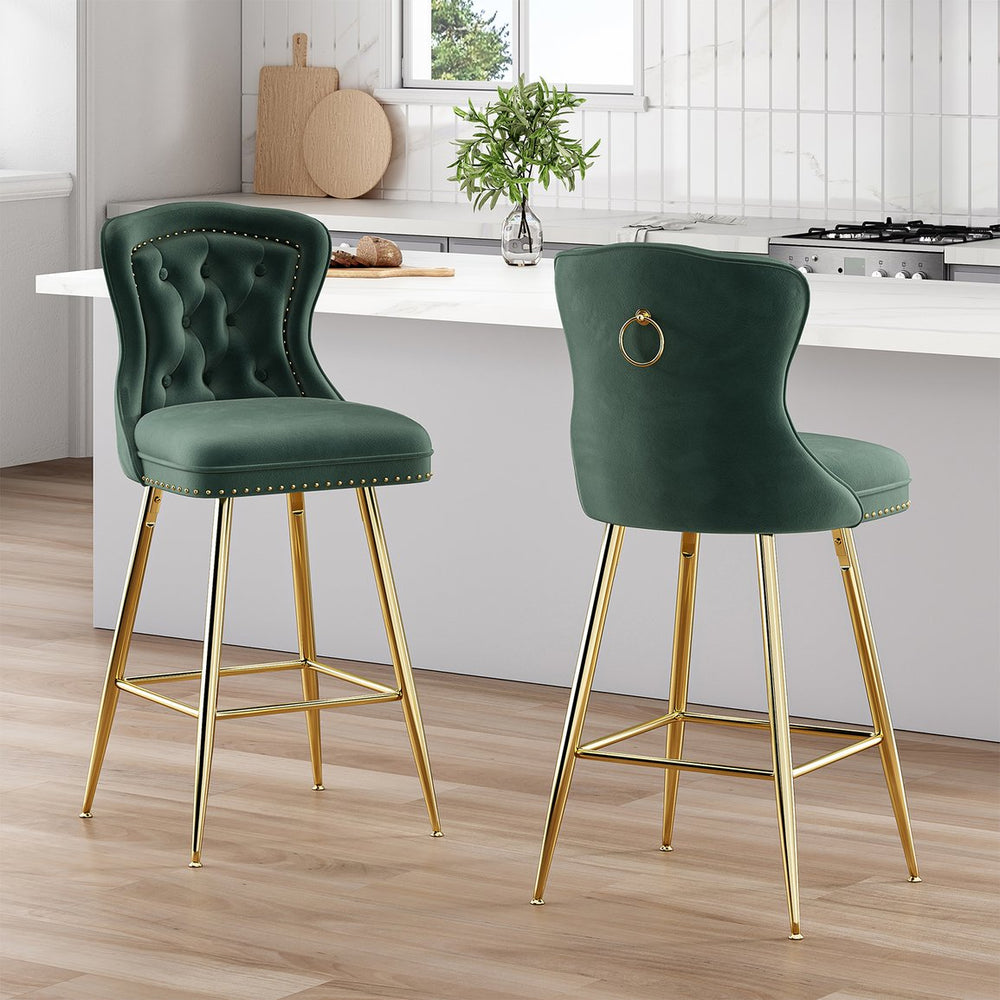 English Elm Bar Stools Set Of 2 - Elegant Green Velvet Wing-Back Chairs With Gold Metal Legs For Modern Dining T3623P363070