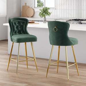 English Elm Bar Stools Set Of 2 - Elegant Green Velvet Wing-Back Chairs With Gold Metal Legs For Modern Dining T3623P363070