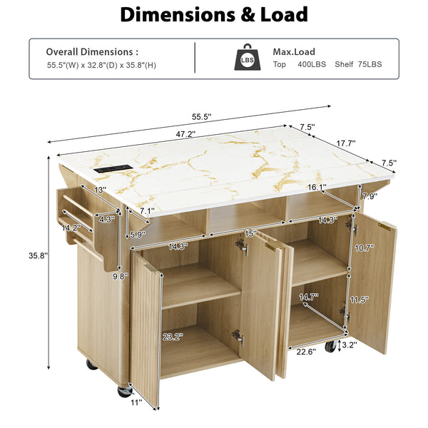 English Elm K&k Fluted Rolling Kitchen Island Faux Marble Top Power Outlet Storage Drawers Natural N707P353934Y