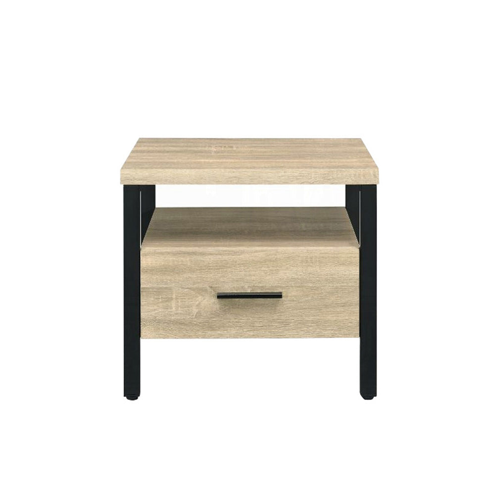 English Elm One Drawer Nightstand With Open Shelf - Rustic Oak And Black Metal For Modern Bedroom Style B016P256523