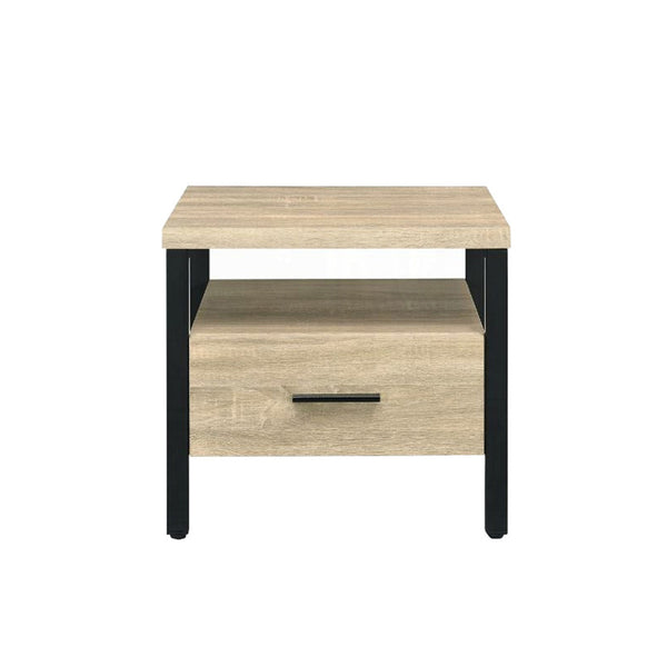 English Elm One Drawer Nightstand With Open Shelf - Rustic Oak And Black Metal For Modern Bedroom Style B016P256523