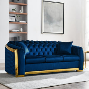 English Elm 2 Piece Chesterfield Velvet Sofa Set with Gold Steel Trim Tufted Living Room Suite Navy Blue W1191S00120
