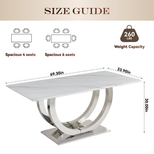 English Elm 69.30 Inch Rectangular Dining Table Marble Pattern Top with Polished Steel Legs Seats Six W3357S00003