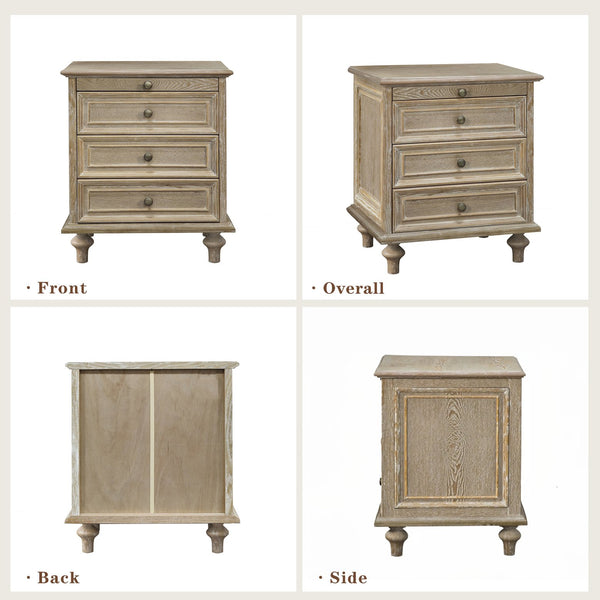 English Elm Farmhouse Nightstand Pine Wood Four Drawer Storage with Pull Out Tray Gourd Legs Natural+White W1716P399643