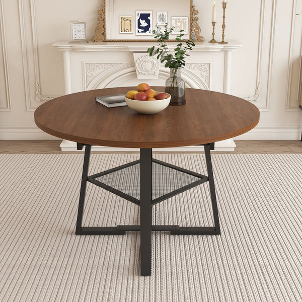 English Elm 47 Inch Extendable Round Dining Table Walnut Finish Seats 8 with Wire Grid Shelf W2700P385520