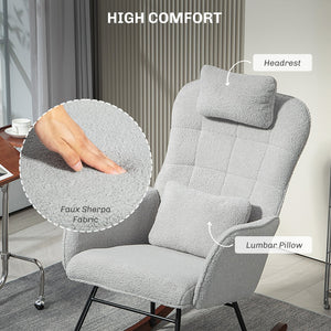 English Elm HOMCOM Boucle Rocking Chair with Headrest & Lumbar Pillow, High Back Plush Foam, Steel Frame, Light Gray W2225P249588