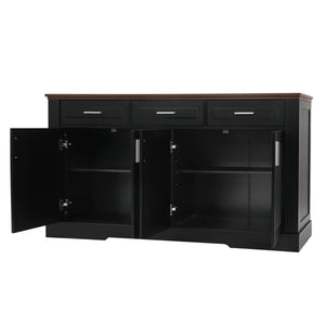 English Elm 63" Fluted Mdf Sideboard with Wood Tone Top Four Doors Three Drawers Dining Storage Black W2917S00010