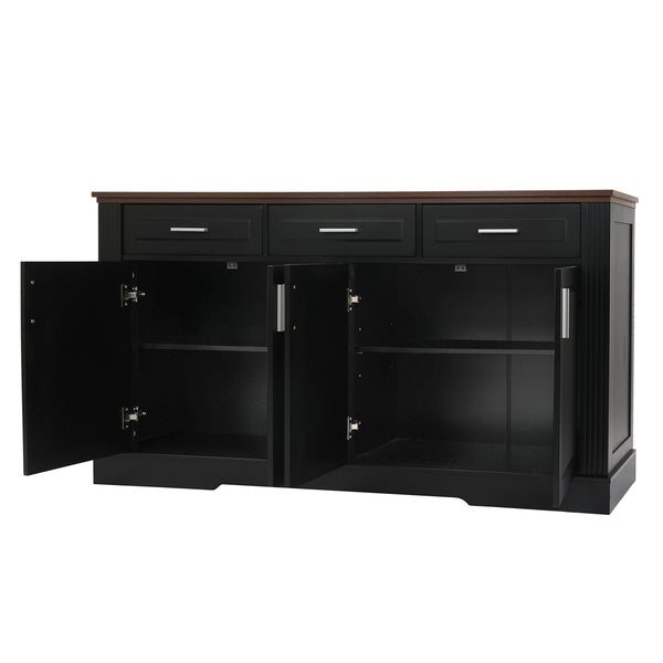 English Elm 63" Fluted Mdf Sideboard with Wood Tone Top Four Doors Three Drawers Dining Storage Black W2917S00010